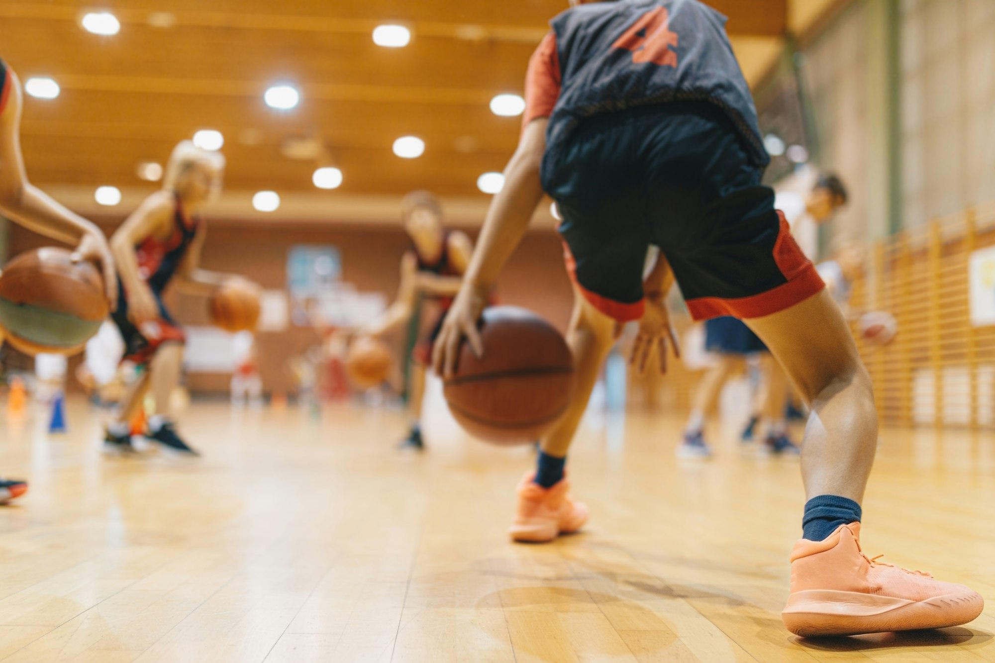 A basketball training session with players dribbling in a gymnasium.
