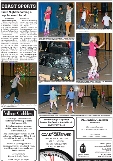A newspaper page featuring an article about a popular skate night with photos of people roller skating and local advertisements.
