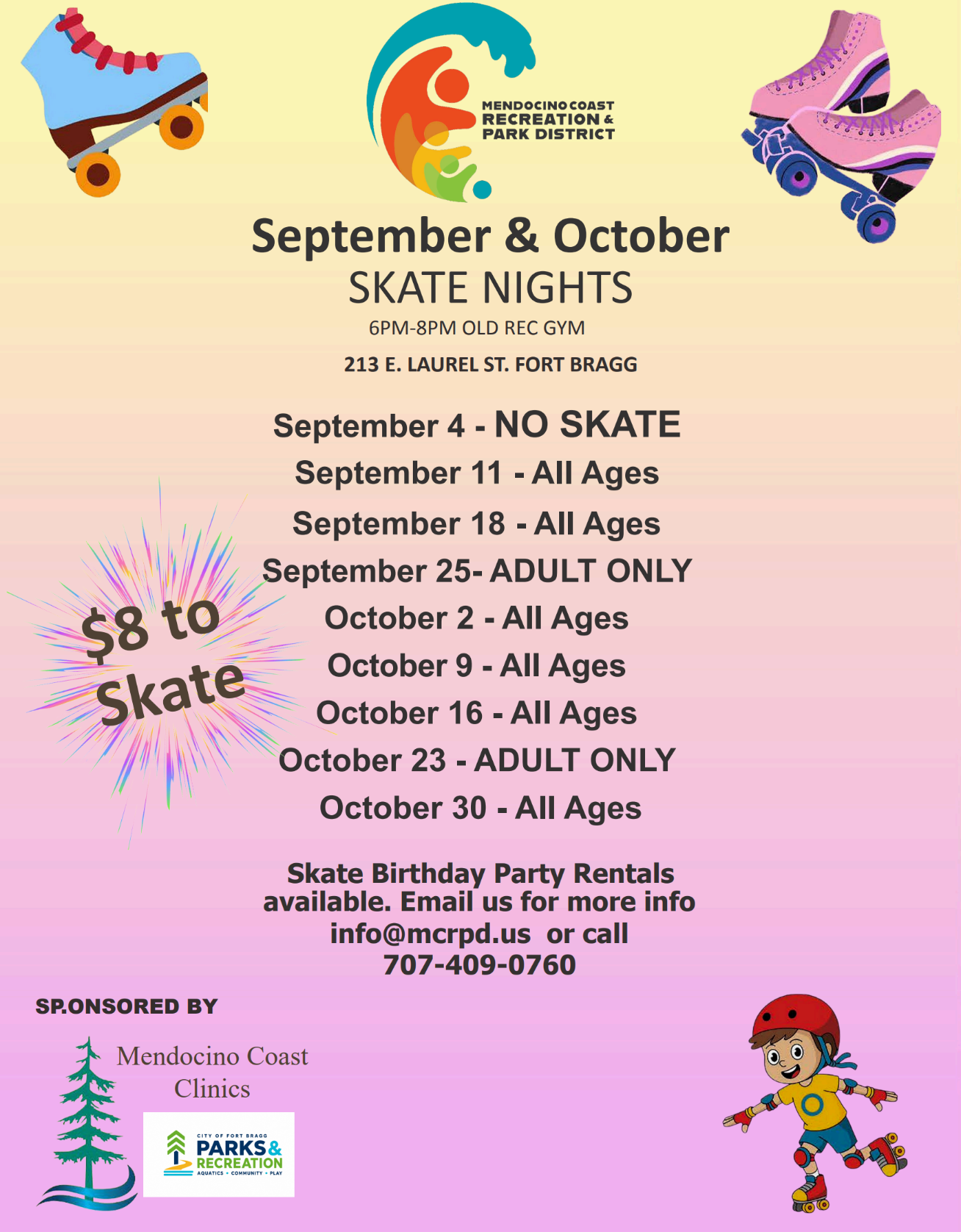 Skate nights at Fort Bragg's Old Rec Gym: dates, $8 entry, ages, and party rentals info. Check schedule for age-specific nights!