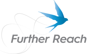 A logo with the text "Further Reach" alongside a graphic of a stylized blue bird in flight over dynamic lines.