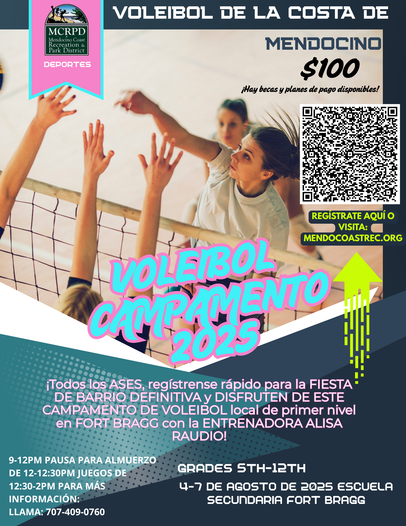 Volleyball camp flyer for Mendocino Coast, August 2025, grades 5-12, $100, with contact info and registration details.