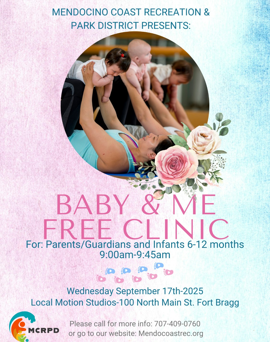 Baby & Me Free Clinic for parents and infants on Sept 17, 2025, 9:00-9:45am at Local Motion Studios, Fort Bragg.