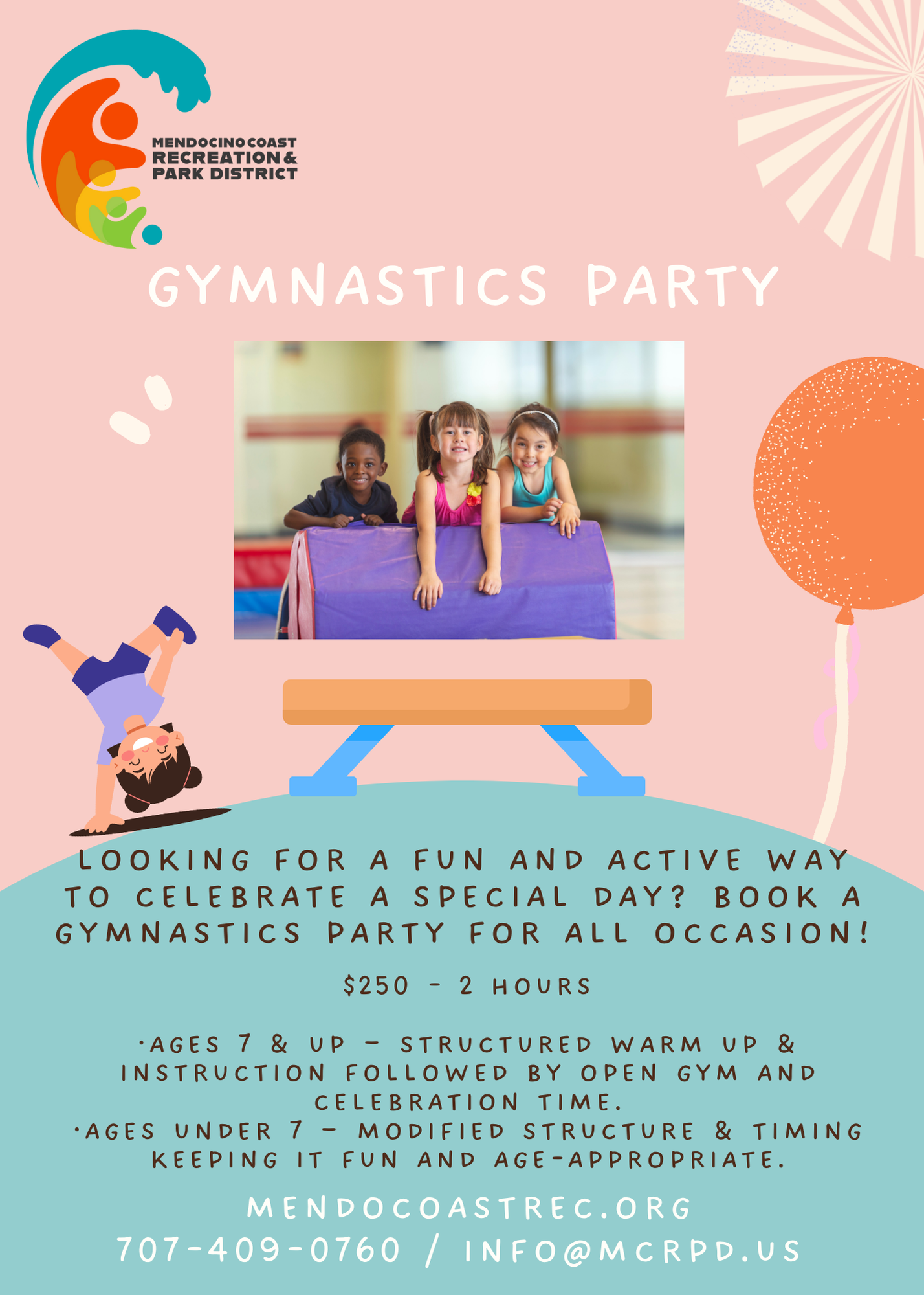 Gymnastics party flyer by Mendocino Coast Recreation & Park District. Ages 7+ & under 7. $250 for 2 hours. Contact info included.