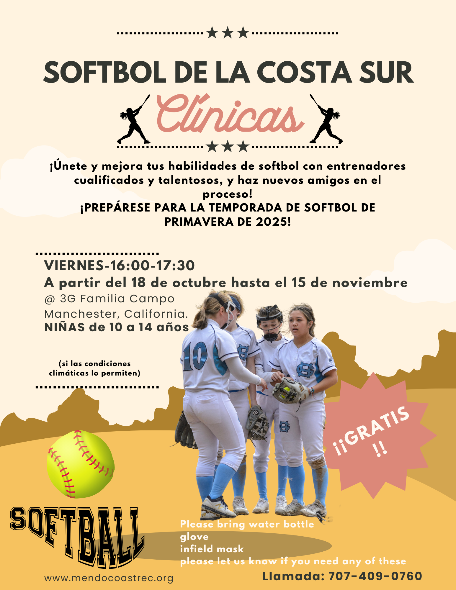 A flyer for South Coast Softball Clinics, offering free training sessions for girls aged 10-14.