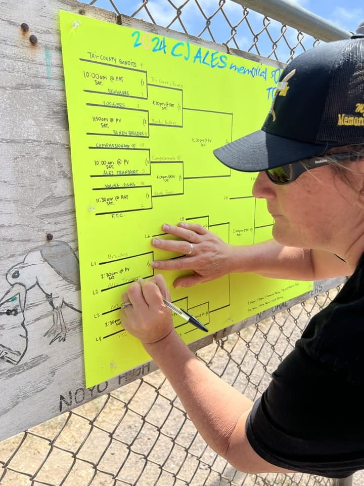 A person updating a sports tournament bracket on a bright yellow poster.