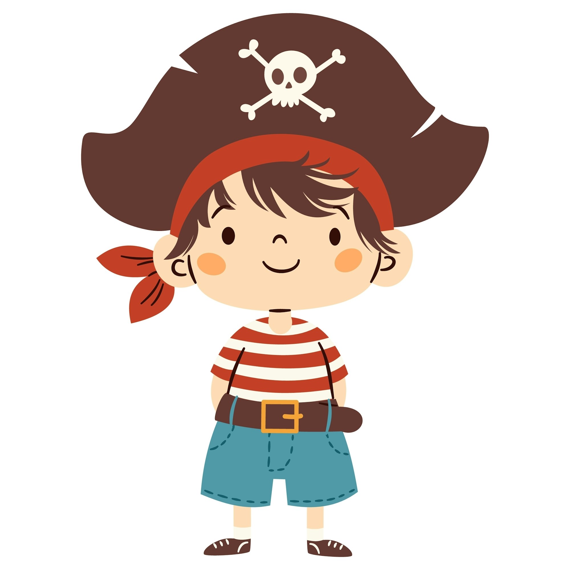 A cute cartoon boy dressed as a pirate, wearing a striped shirt, shorts, a red bandana, and a large pirate hat with a skull.