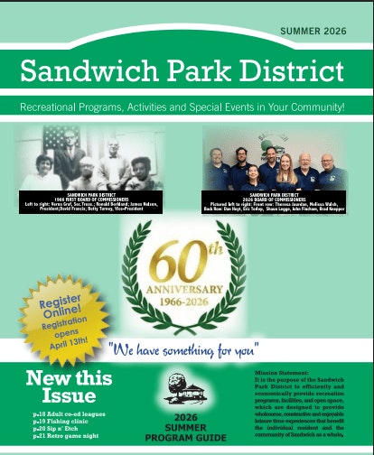 The image is a program guide for the Sandwich Park District's Summer 2026, celebrating its 60th anniversary with activities.