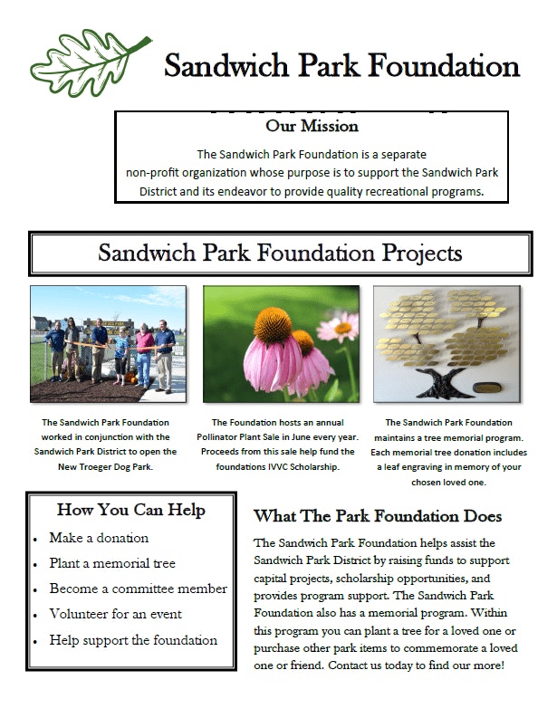 The Sandwich Park Foundation supports local recreational programs, offers projects, and encourages donations and community involvement.