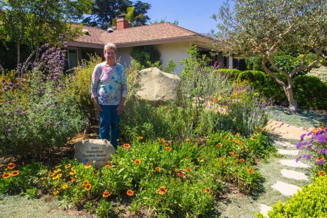 A person stands in a lush, flowering garden in front of a house, with a plaque reading "2021 Waterwise Gardens Award."