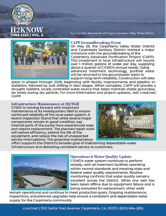 The image discusses the Carpentaria Advanced Purification Project (CAPP) groundbreaking, water infrastructure maintenance, and quality updates.