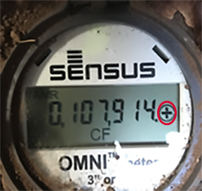 A Sensus water meter displaying "107914 CF" with a small plus icon circled in red.