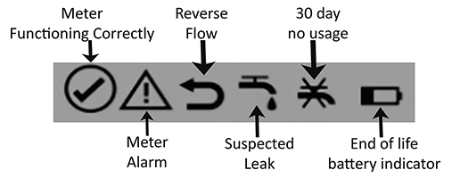 Meter symbols: functioning correctly, alarm, reverse flow, suspected leak, 30-day no usage, battery end-of-life indicator.