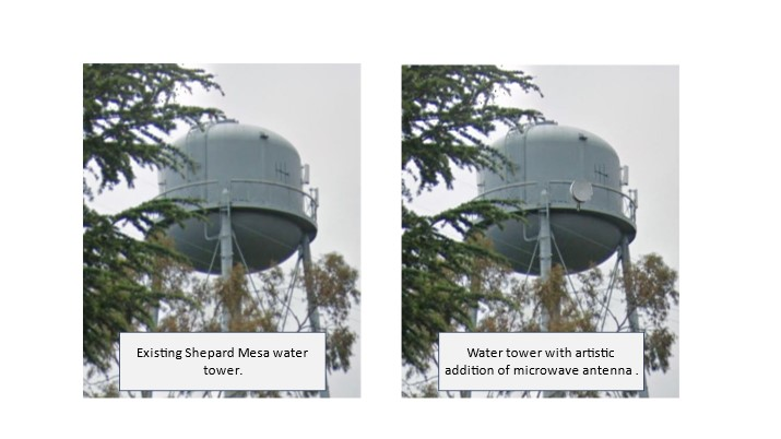Two images of a water tower: original and modified with a microwave antenna.