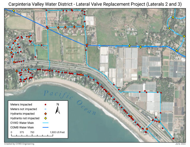 Map showing Carpinteria Valley Water District valve replacement project with impacted meters, hydrants, and water mains.