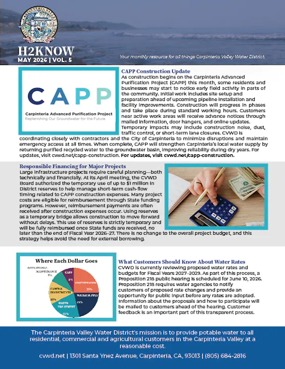May 2026 update on the Carpinteria Advanced Purification Project; discusses construction, financing, and water rate proposals.