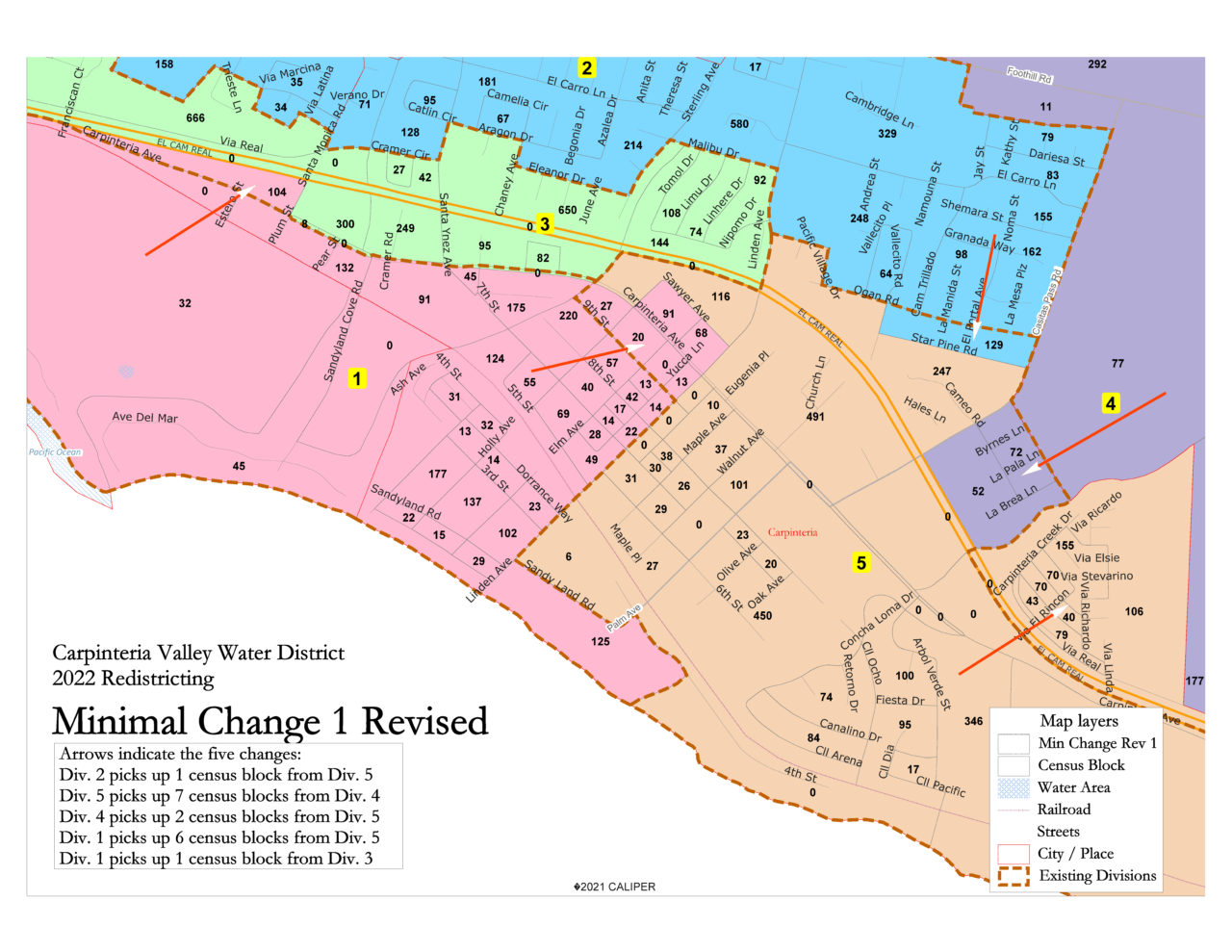 Carpinteria Valley Water District 2022 redistricting map showing minimal changes across five divisions with labeled census blocks.