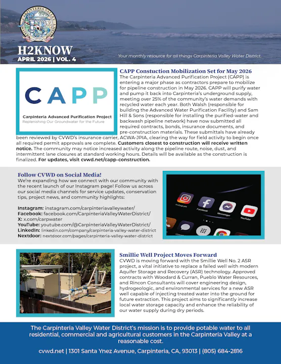 The image discusses the Carpinteria Advanced Purification Project, set for May 2026, aiming to improve local water supply.