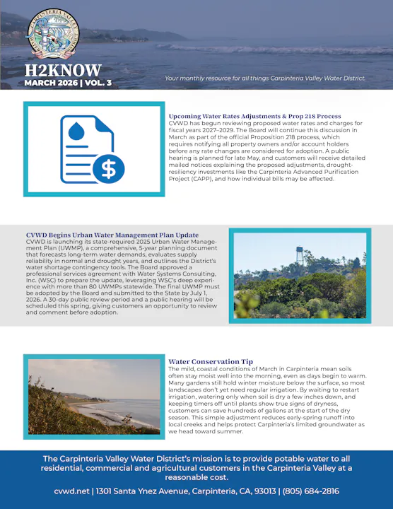 The image is a newsletter from the Carpinteria Valley Water District, detailing water rate adjustments, a water management plan update, and conservation tips.