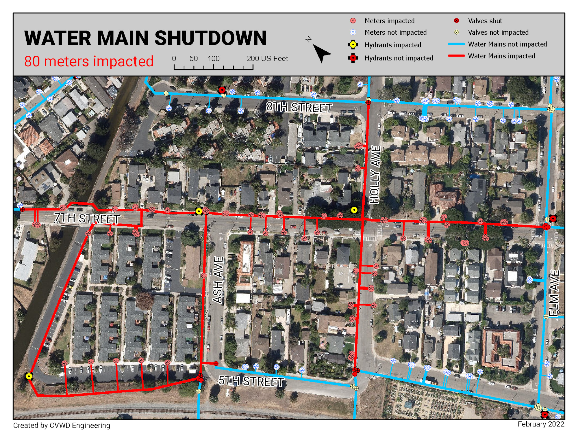 Map indicating water main shutdown; 80 meters impacted on 7th, Holly, Elm, and Ash Avenues. Red lines show impacted areas.