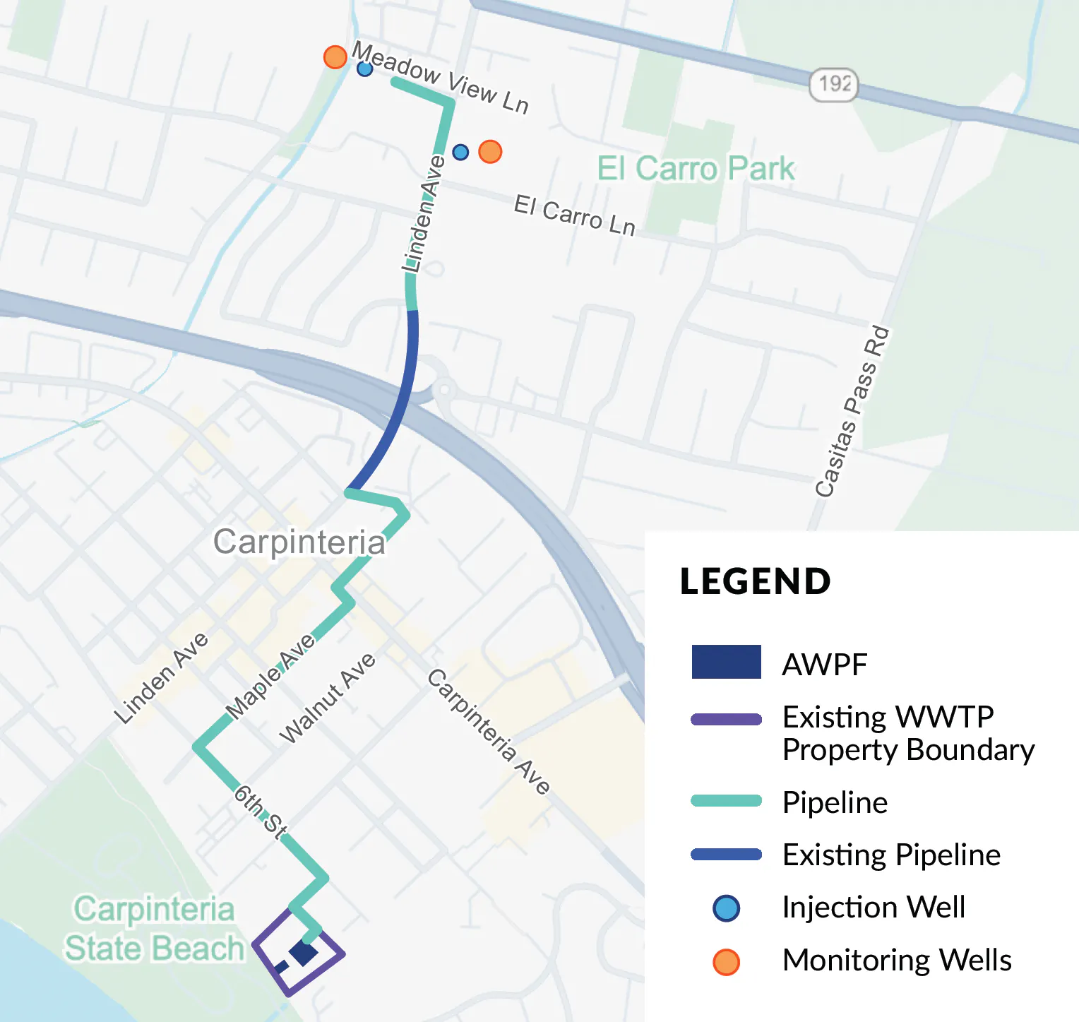 The image shows a map of Carpinteria with features like existing and proposed pipelines, wells, and a wastewater treatment property boundary.