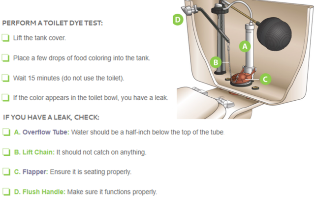 Diagram for a toilet dye test with steps to detect leaks and parts to check: overflow tube, lift chain, flapper, and flush handle.