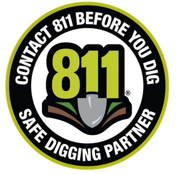 A circular logo with "Contact 811 Before You Dig" and "Safe Digging Partner" text, featuring a shovel graphic.