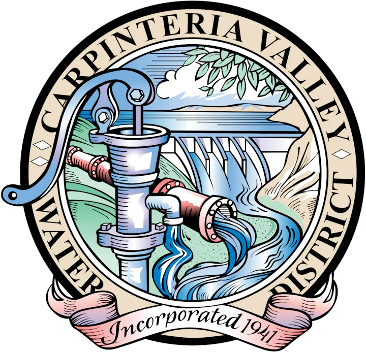 Carpinteria Valley Water District logo with a water pump and dam, incorporates nature elements. Established 1941.