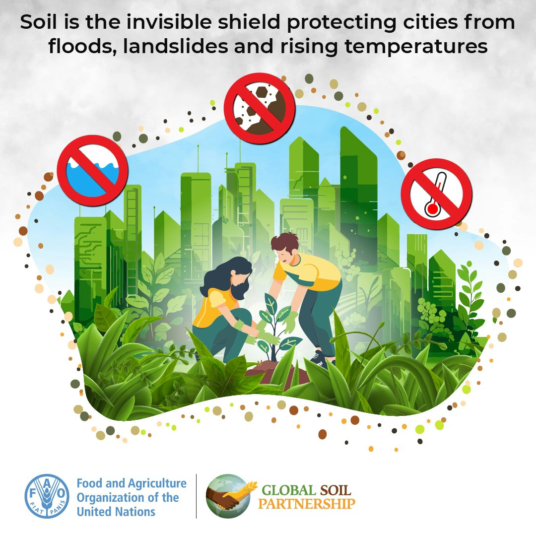 The image highlights the importance of soil as a protective shield against floods, landslides, and rising temperatures.