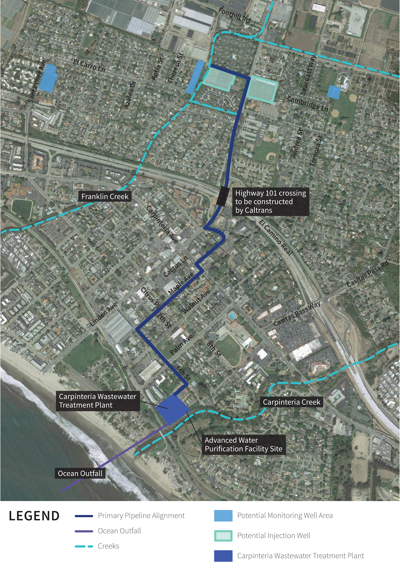 Map showing pipeline alignment, potential well areas, treatment plants, creeks, and future highway crossing in Carpinteria.