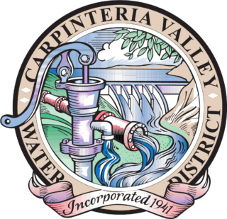 Logo of Carpinteria Valley Water District, with a pump, flowing water, and landscape; "Incorporated 1941."
