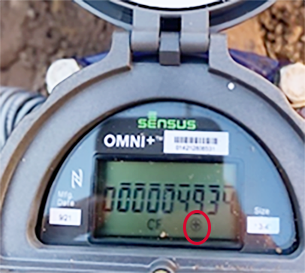 A digital water meter displaying "00000493" cubic feet with a highlighted circular symbol.
