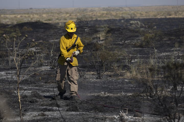 Firefighter in yellow gear with a helmet, spraying water on a burnt, charred landscape.