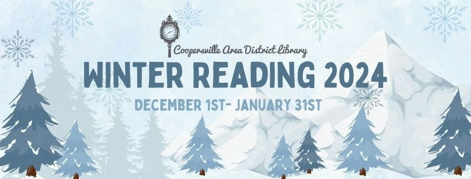 A banner for "Winter Reading 2024" from Dec 1st to Jan 31st, featuring snowy pines and mountains with snowflakes.