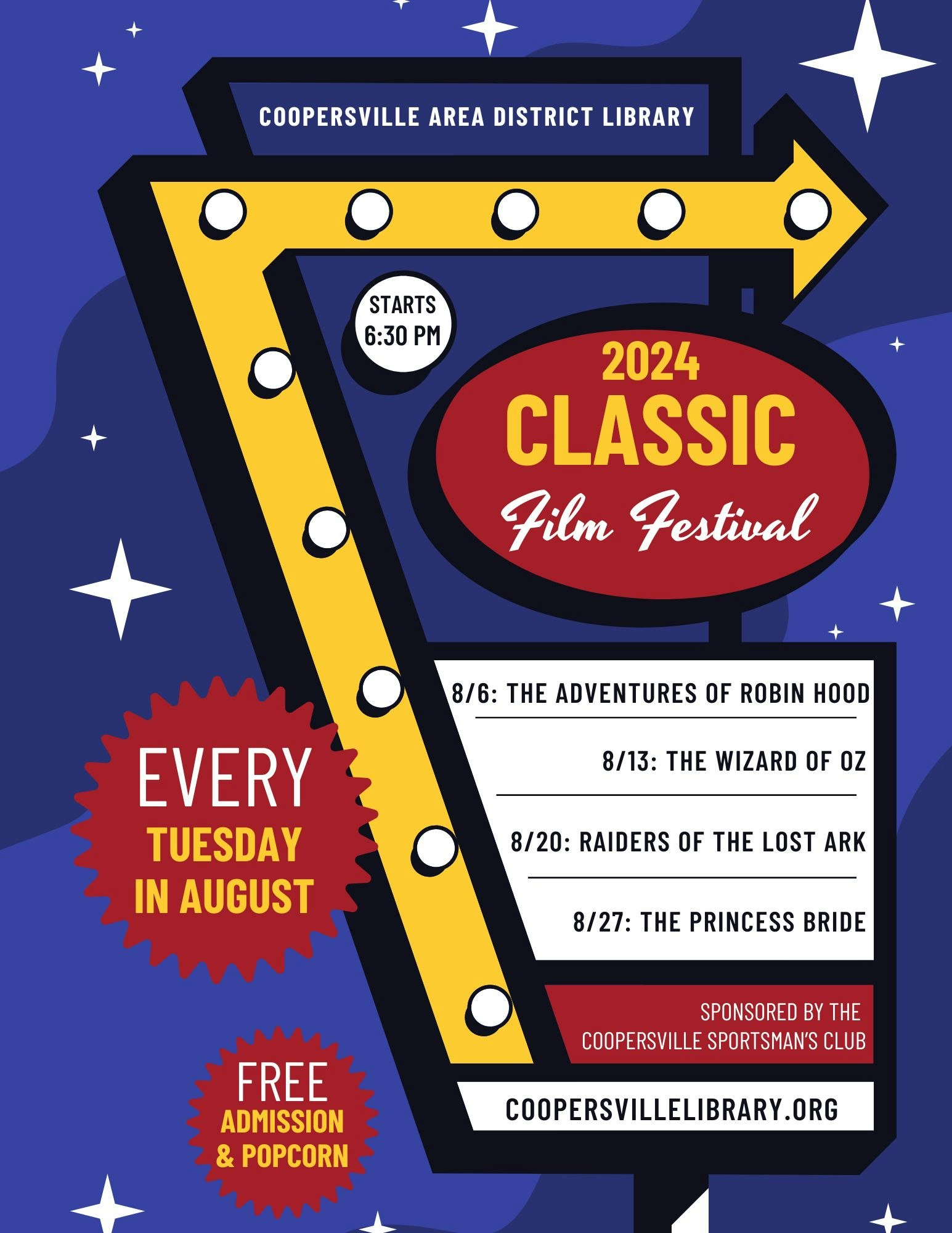 A poster for the 2024 Classic Film Festival at Coopersville Area District Library, free admission, every Tuesday in August.