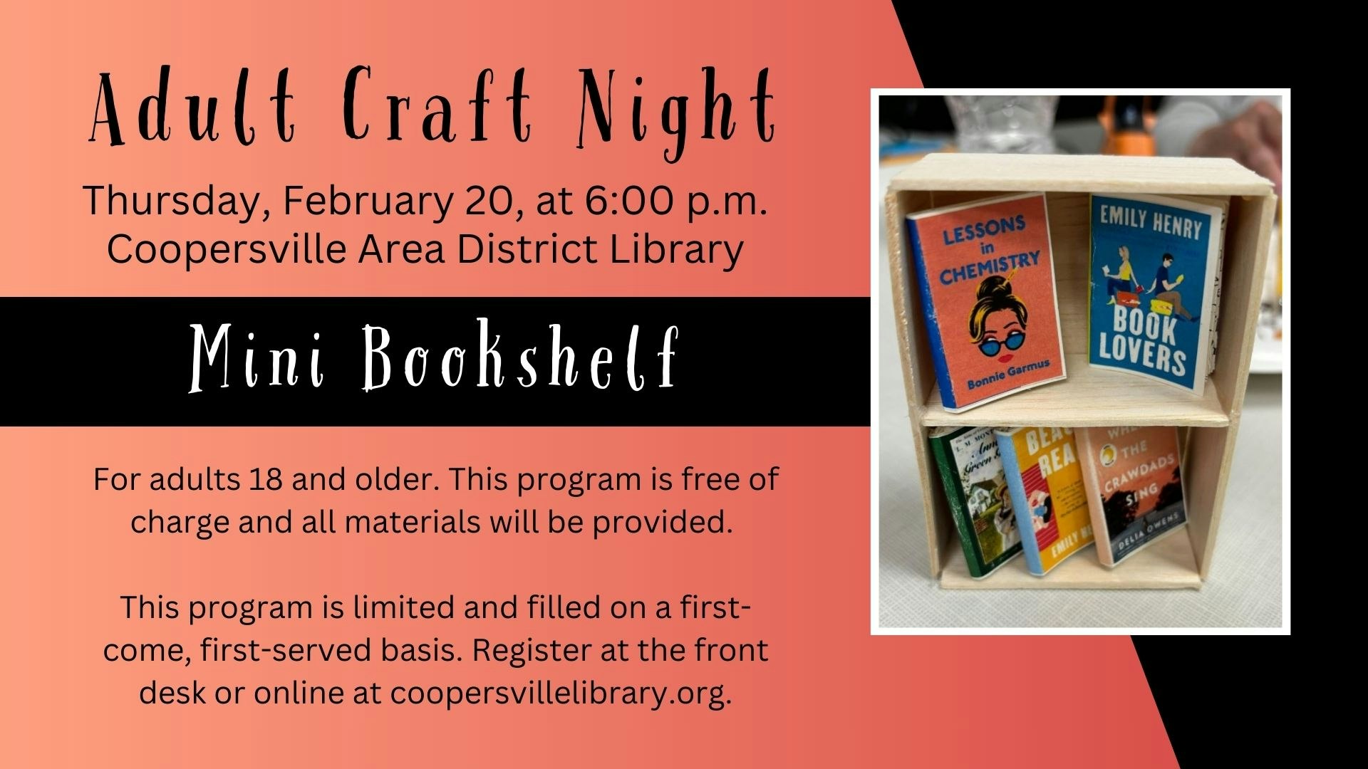 Adult Craft Night on Feb 20 at 6 PM, Coopersville Library. Create a mini bookshelf. Free for 18+, register at coopersvillelibrary.org.