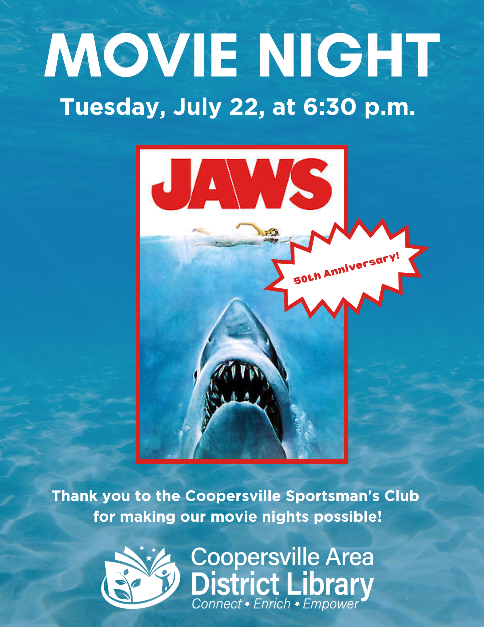 Movie night poster featuring Jaws.