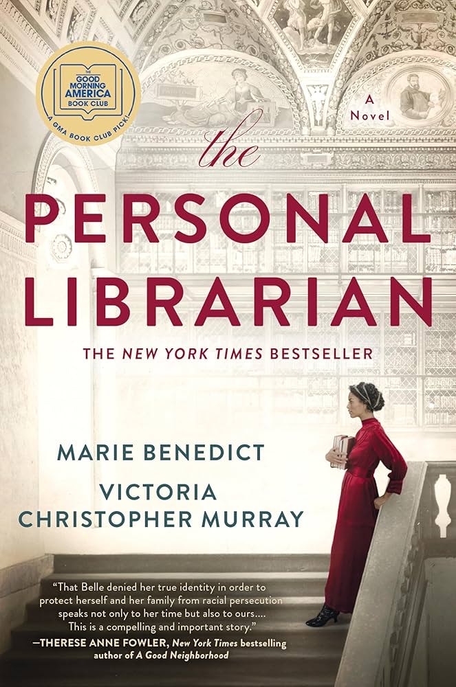 A book cover titled "The Personal Librarian" with an elegant building interior and a woman in a red dress.