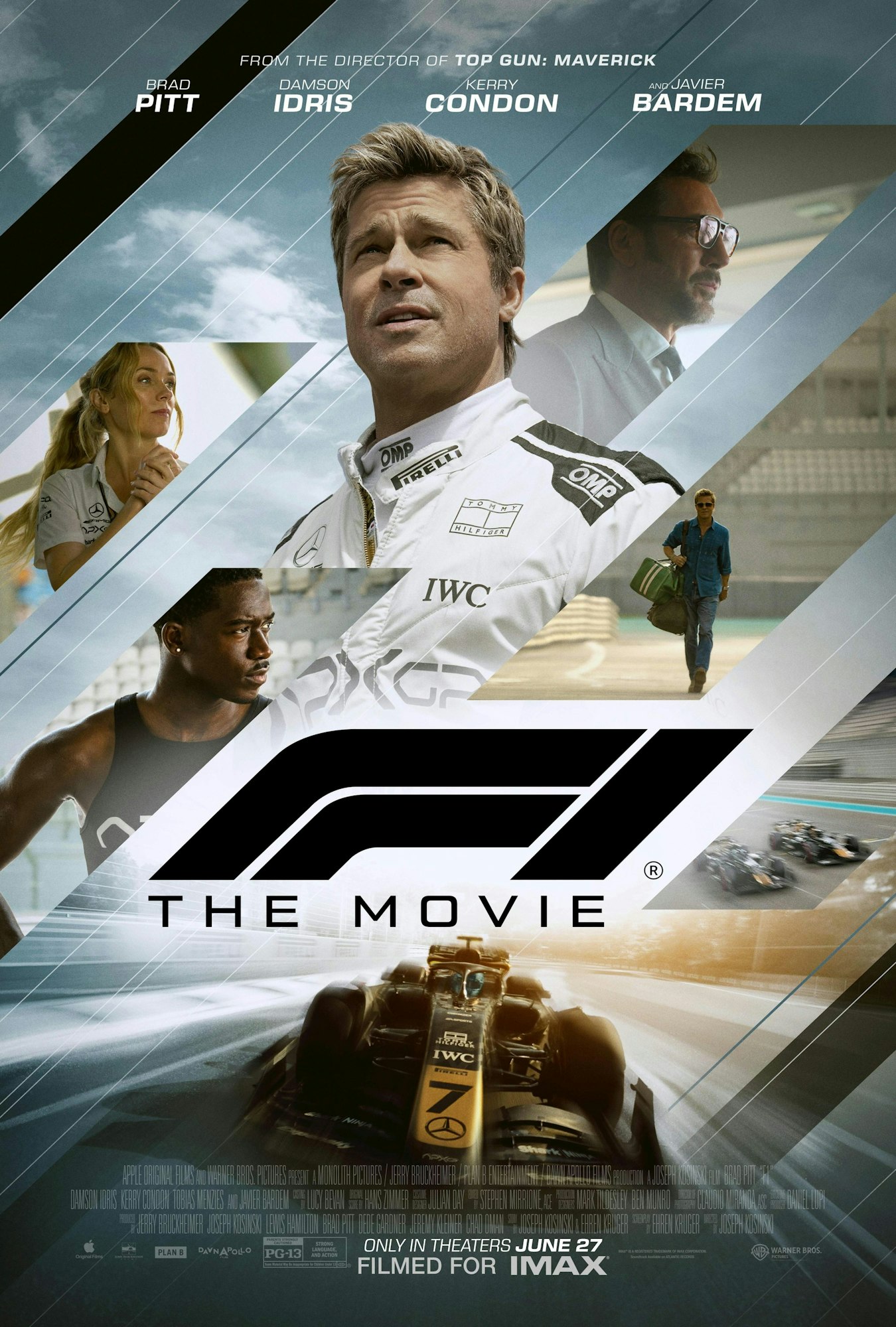 Movie poster featuring race car and drivers, titled "F1: The Movie," starring Brad Pitt.