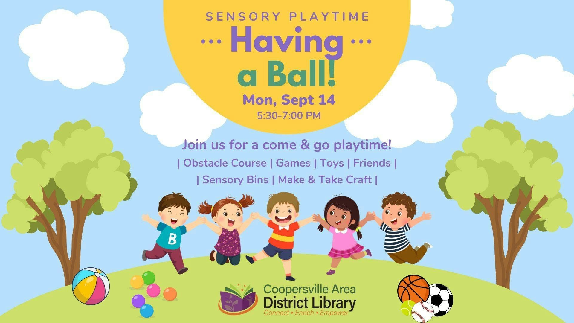 Sensory playtime event at Coopersville Library on Sept 14, 5:30-7 PM. Activities: obstacle course, games, crafts, and fun!