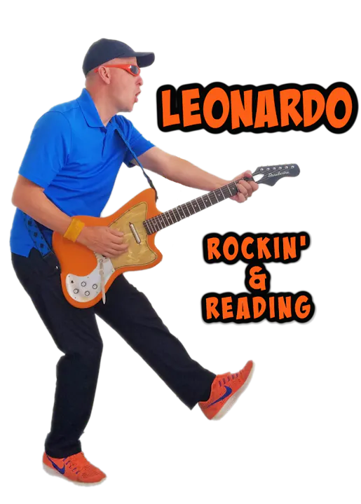 A person named Leonardo is playing an orange guitar and promoting the theme "Rockin' & Reading."