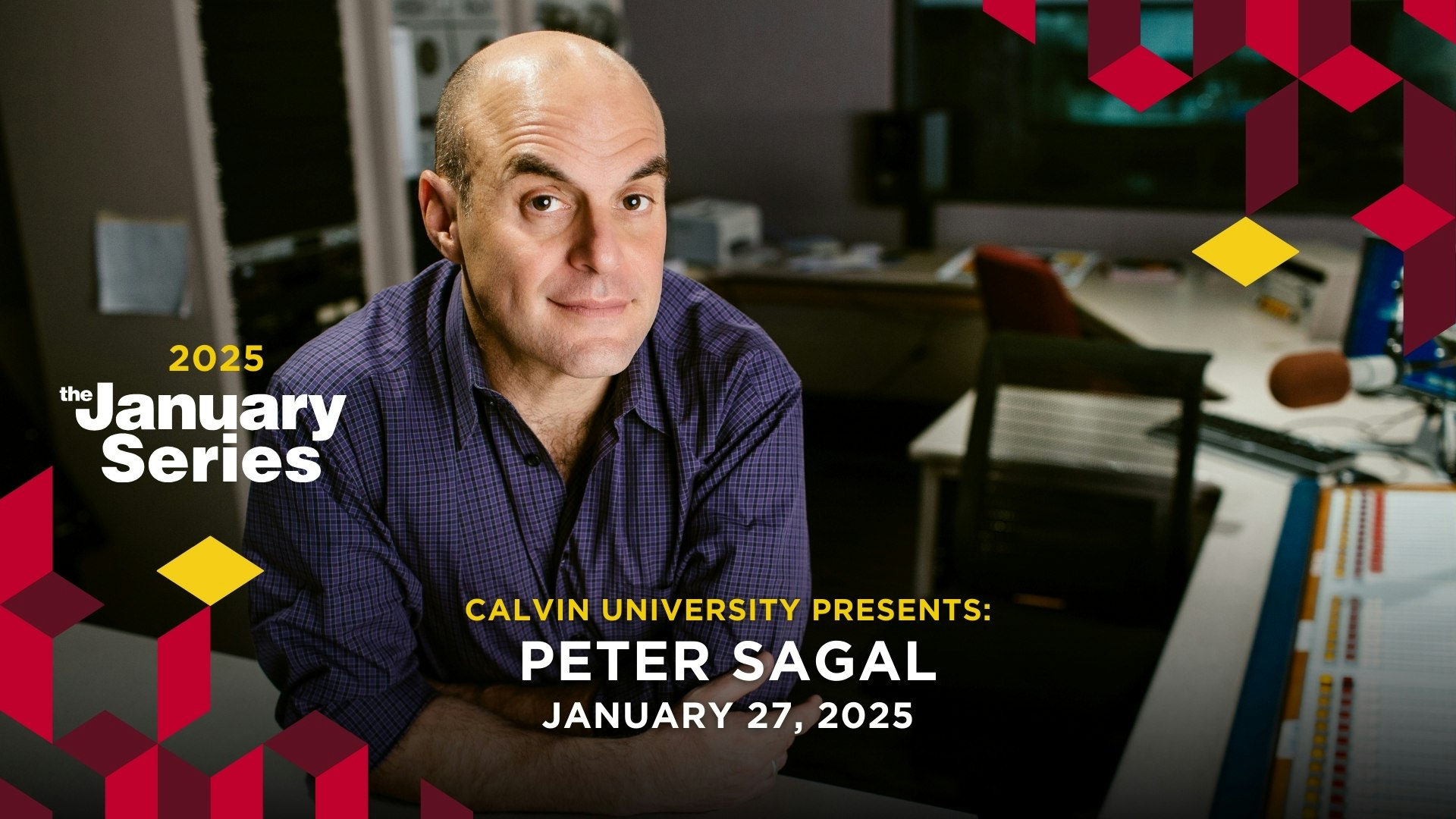 A person sitting at a desk, promoting Calvin University's January 2025 event featuring Peter Sagal on January 27.