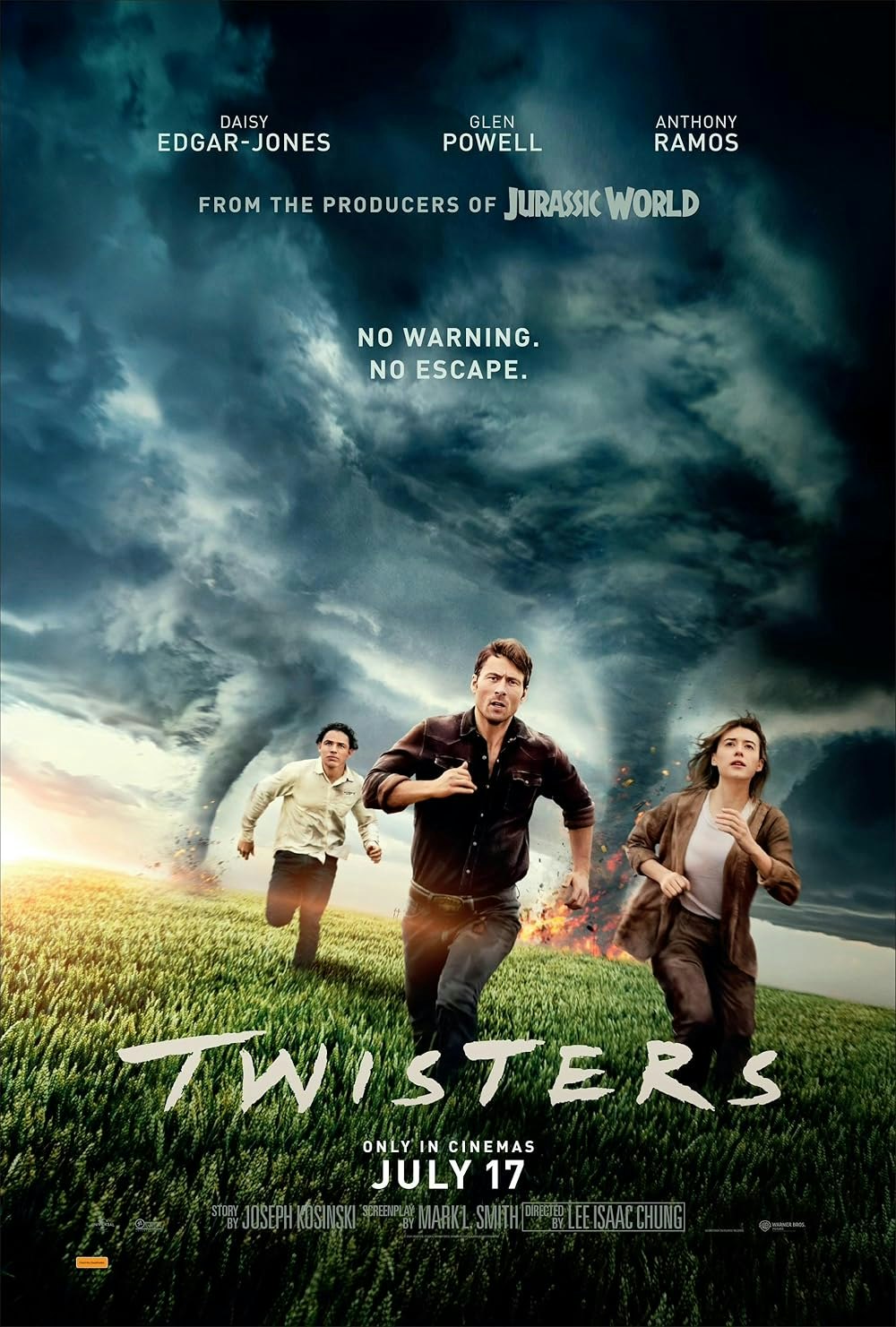 Movie poster for "Twisters" showing actors running from a tornado, out July 17.