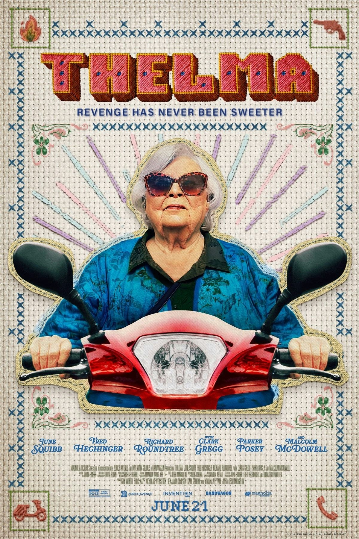 Movie poster with an elderly woman on a scooter, embroidered style, titled "Thelma". Text says "Revenge has never been sweeter".