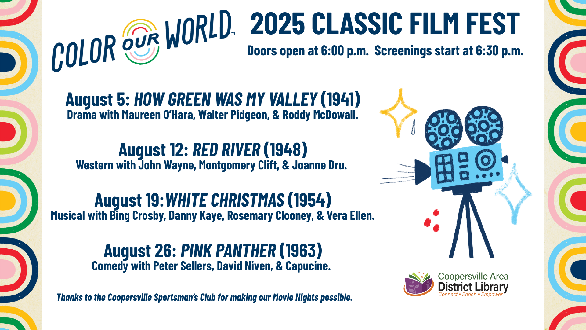 2025 Classic Film Fest schedule in August, featuring films like "How Green Was My Valley" and "Pink Panther." Doors open at 6:00 p.m.