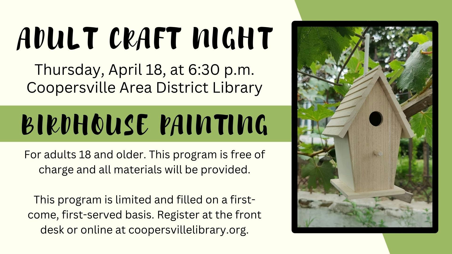 Advertisement for Adult Craft Night featuring birdhouse painting at Coopersville Area District Library on April 18.