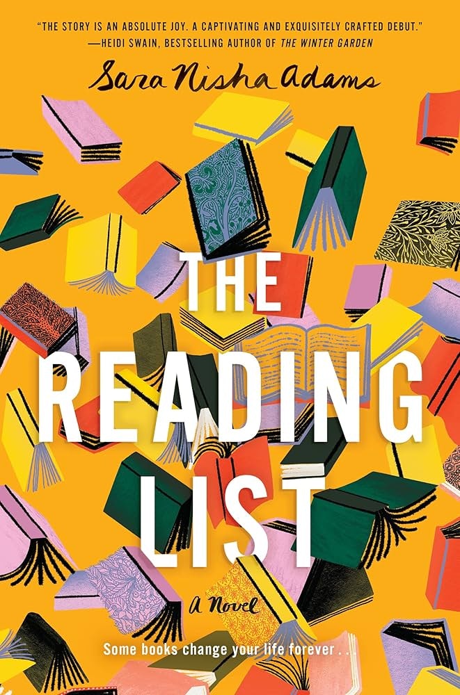 The image features the book cover of "The Reading List" by Sara Nisha Adams, showcasing colorful books against an orange background.
