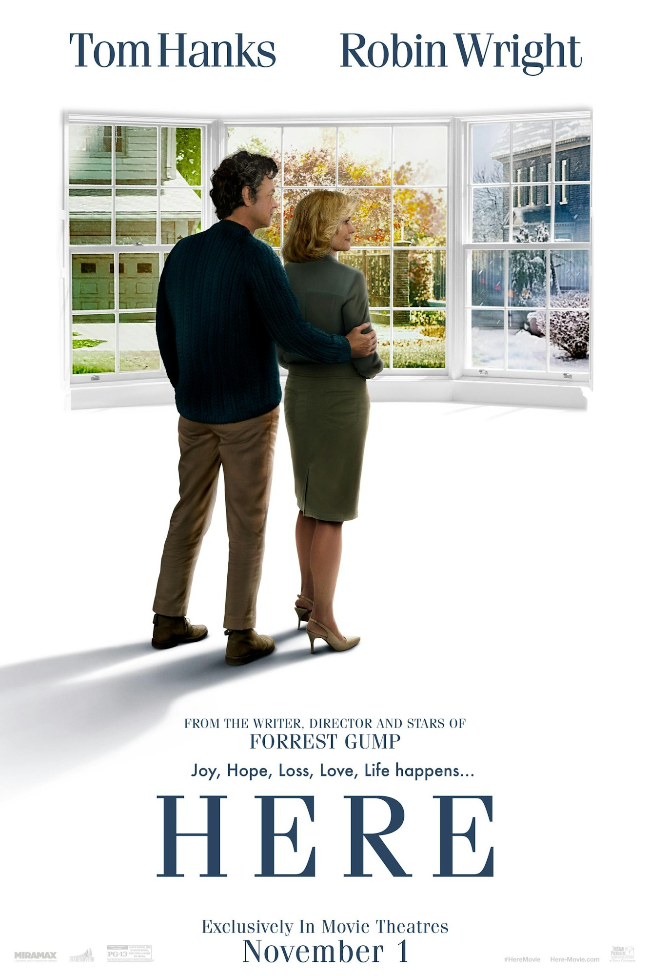Movie poster for "Here" starring Tom Hanks and Robin Wright, releasing November 1.