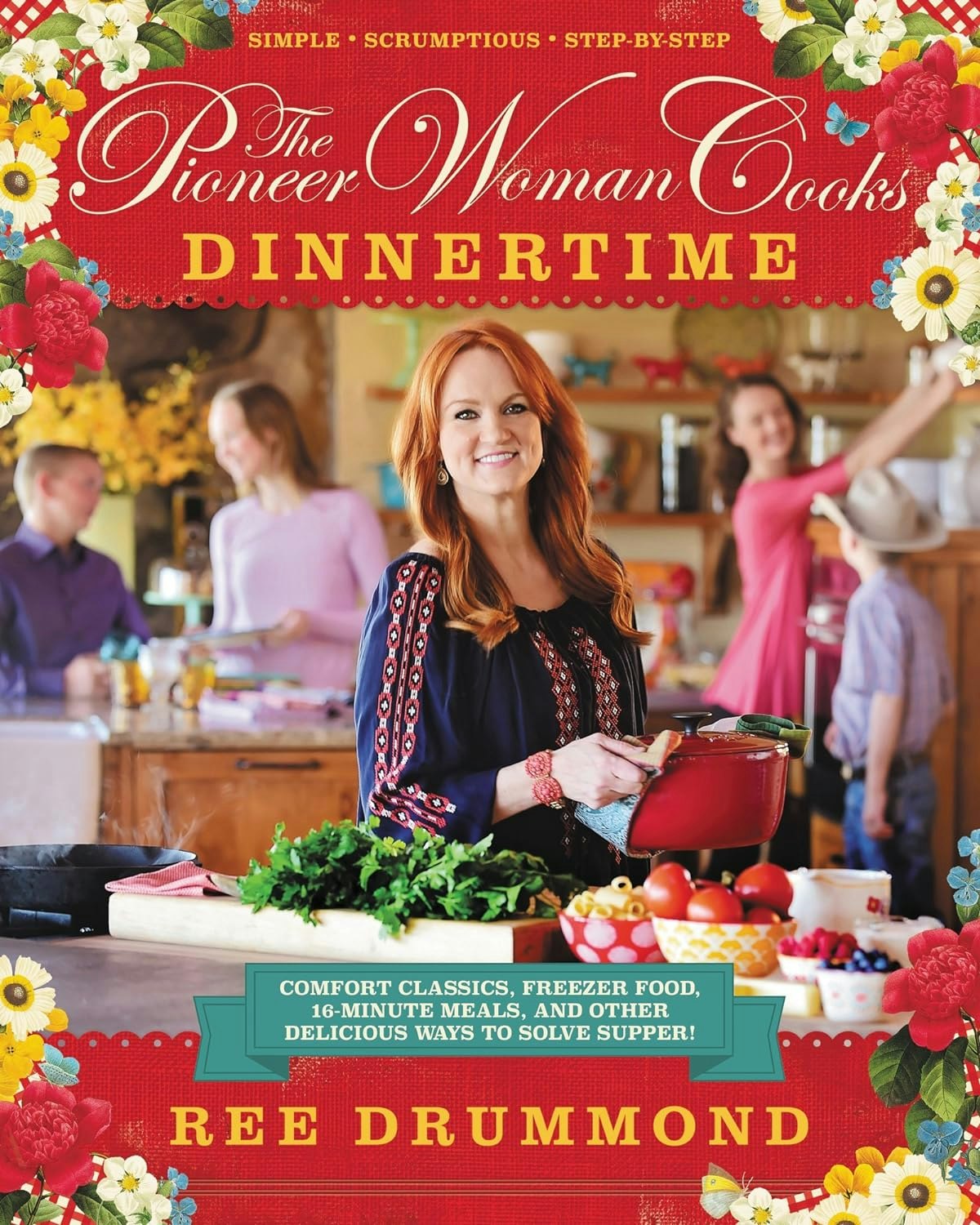 A cookbook cover with a smiling woman holding a pot, surrounded by colorful floral designs and text about cooking dinner.