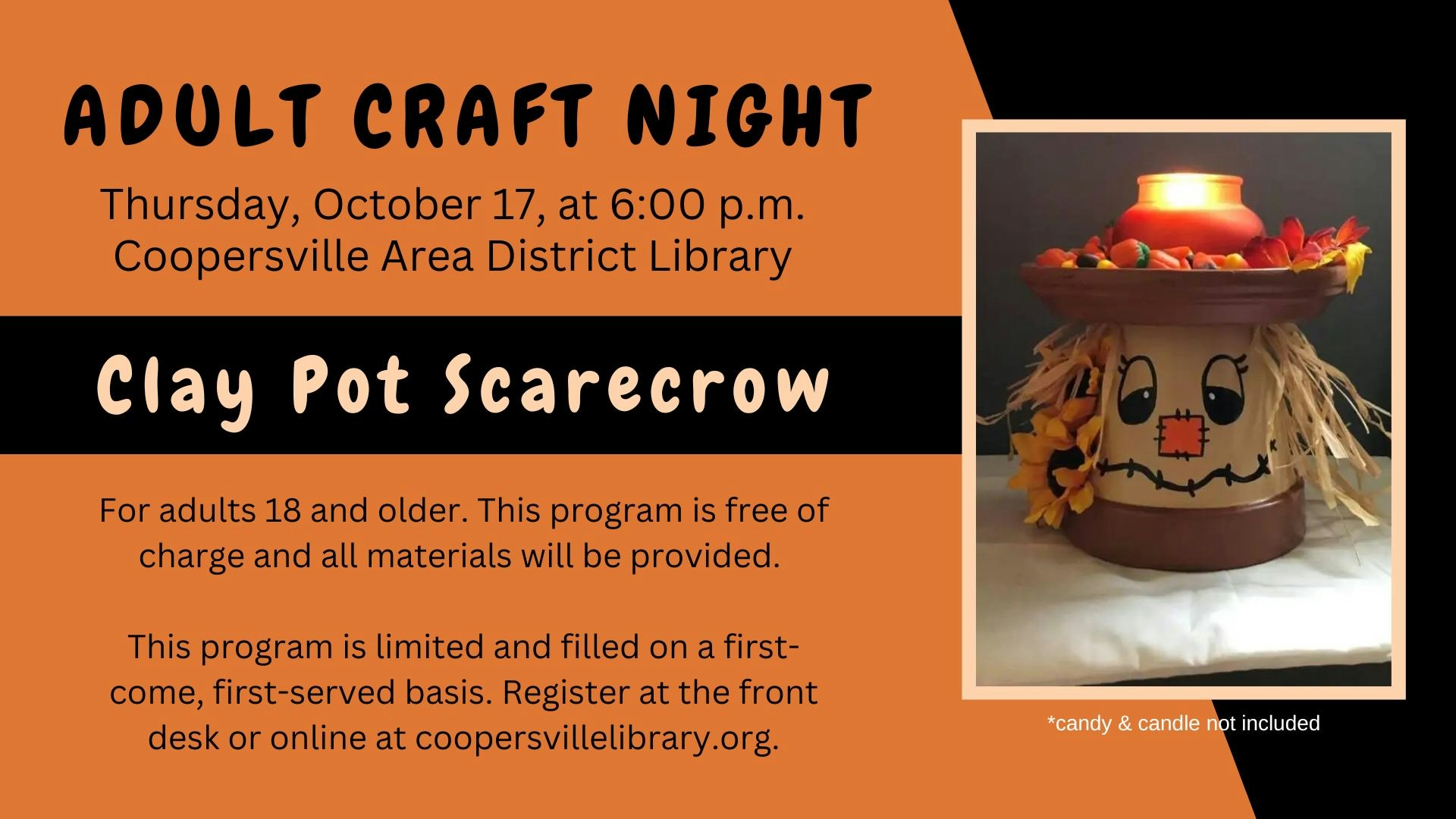 Flyer for "Adult Craft Night" at Coopersville Area District Library, making a Clay Pot Scarecrow, October 17, free for adults.