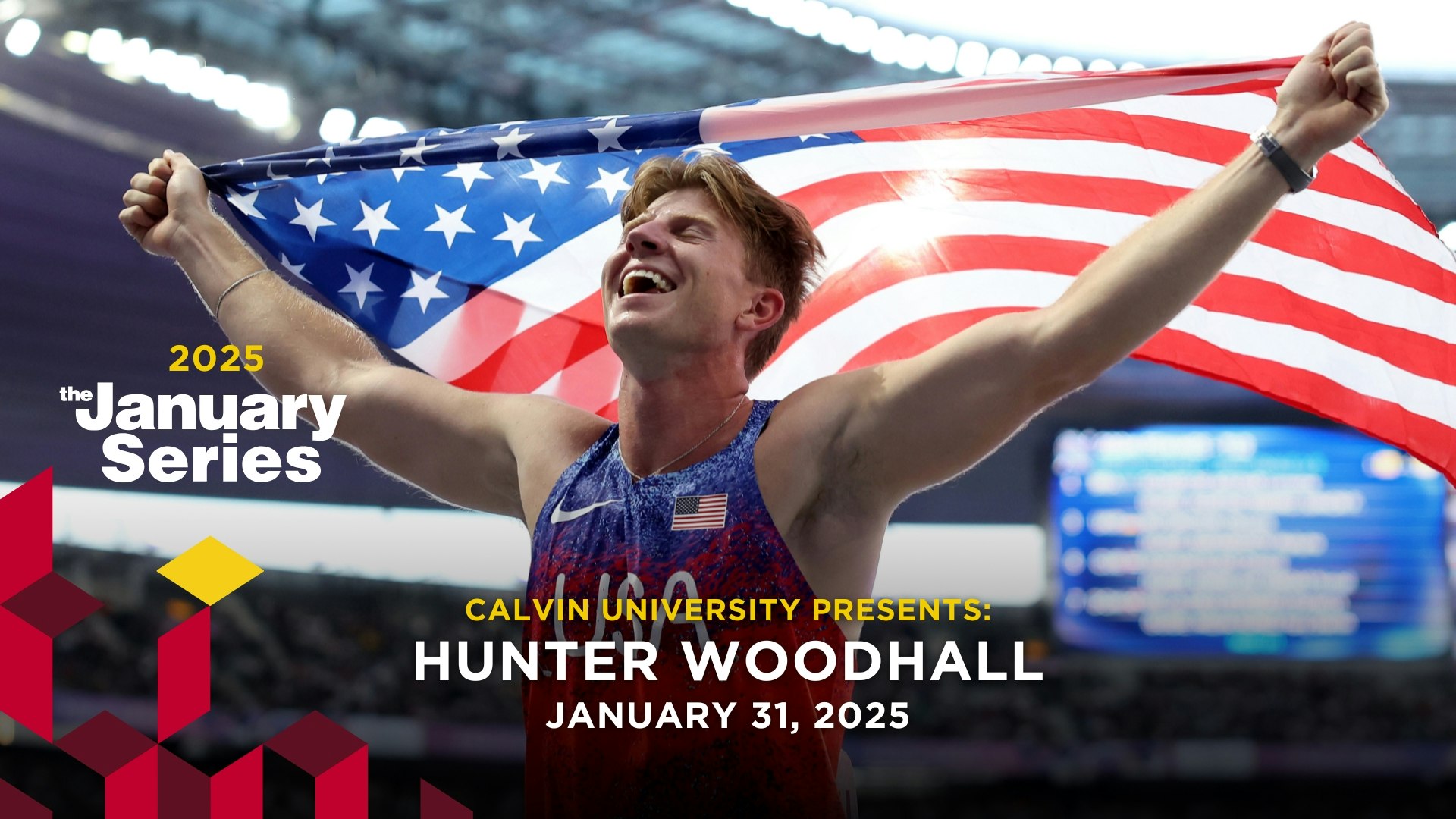 Athlete holding US flag; Calvin University presents Hunter Woodhall, January 31, 2025; part of the 2025 January Series.